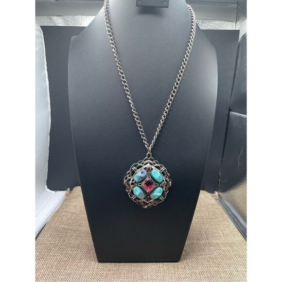 Statement Costume Pendant Necklace with Faux Turquoise and amethyst Stones Rodeo - Picture 1 of 7